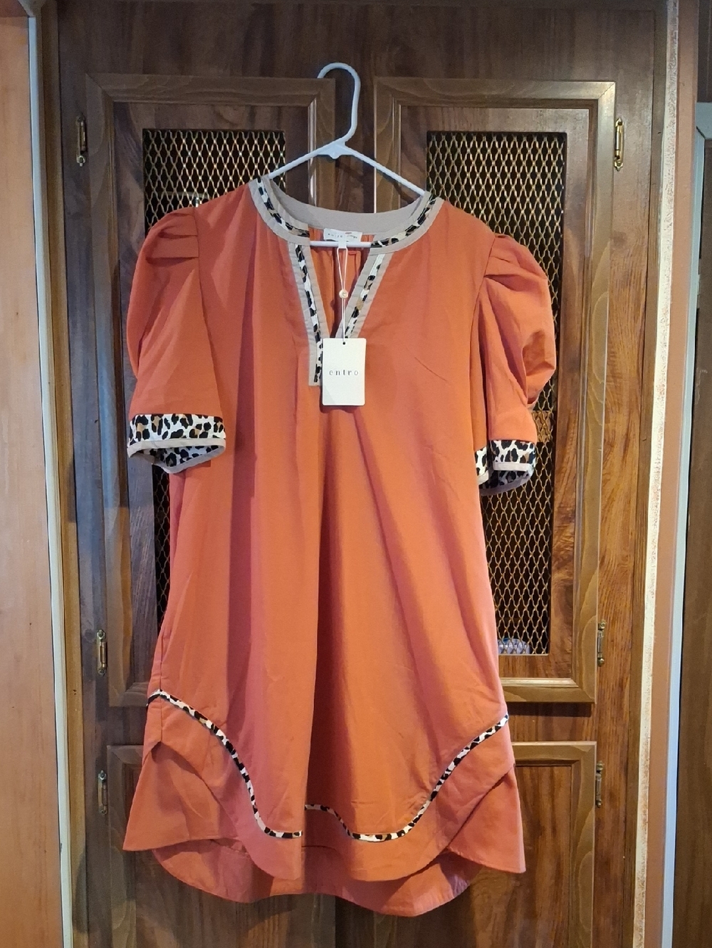 entro Rust Orange Puff-Sleeve Tunic with Leopard-Trim Accents